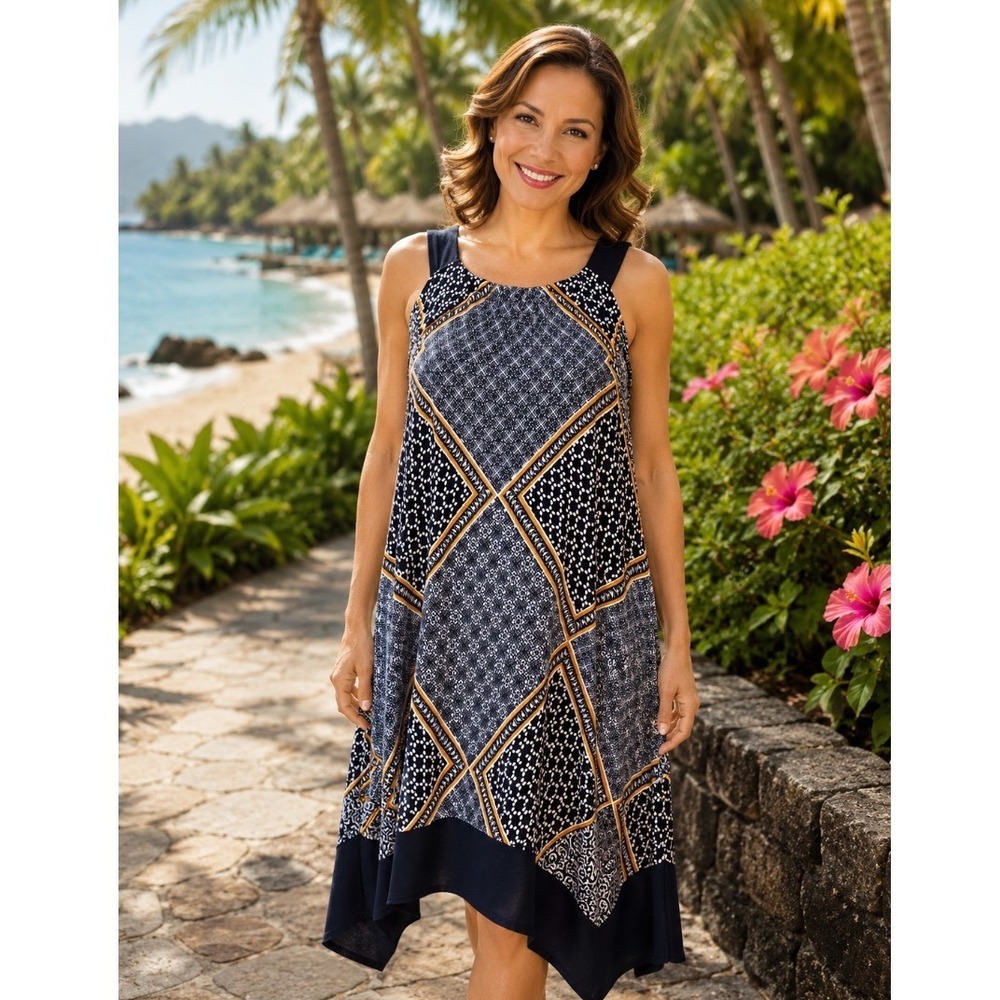 Enfocus Boho Geometric Tile Print Handkerchief Hem Shift Dress black Sz 16w